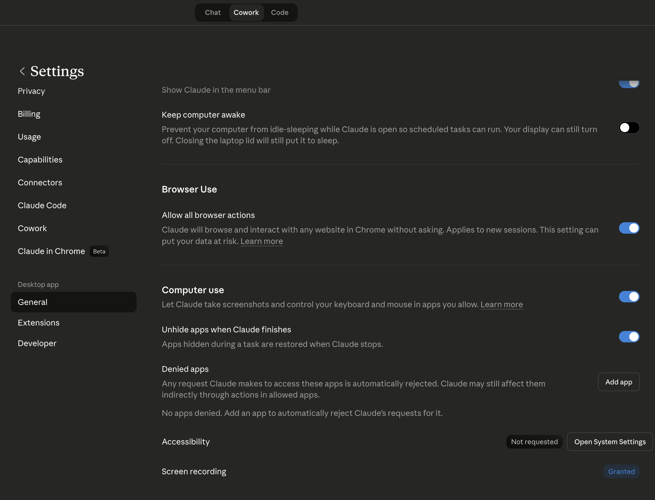 Claude Desktop Settings — enabling Computer Use toggle